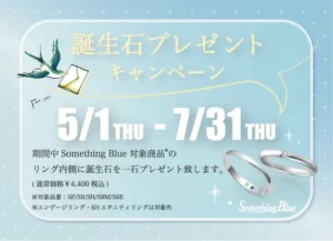 サムシングブルー誕生石 プレゼントキャンペーン2025年5月1日（木）から7月31日（木）まで開催。期間中Something Blue対象商品のリング内側に誕生石を１石プレゼントいたします。（通常価格4,400円 税込）